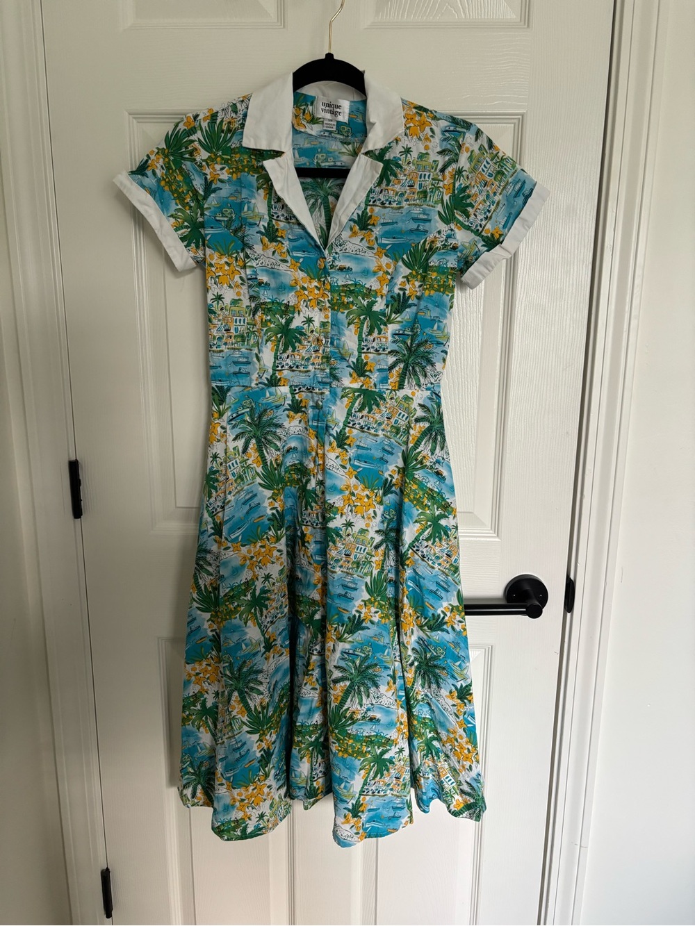 Tropical Print Collared Women’s Dress - Blue unique vintage beach vacation boats